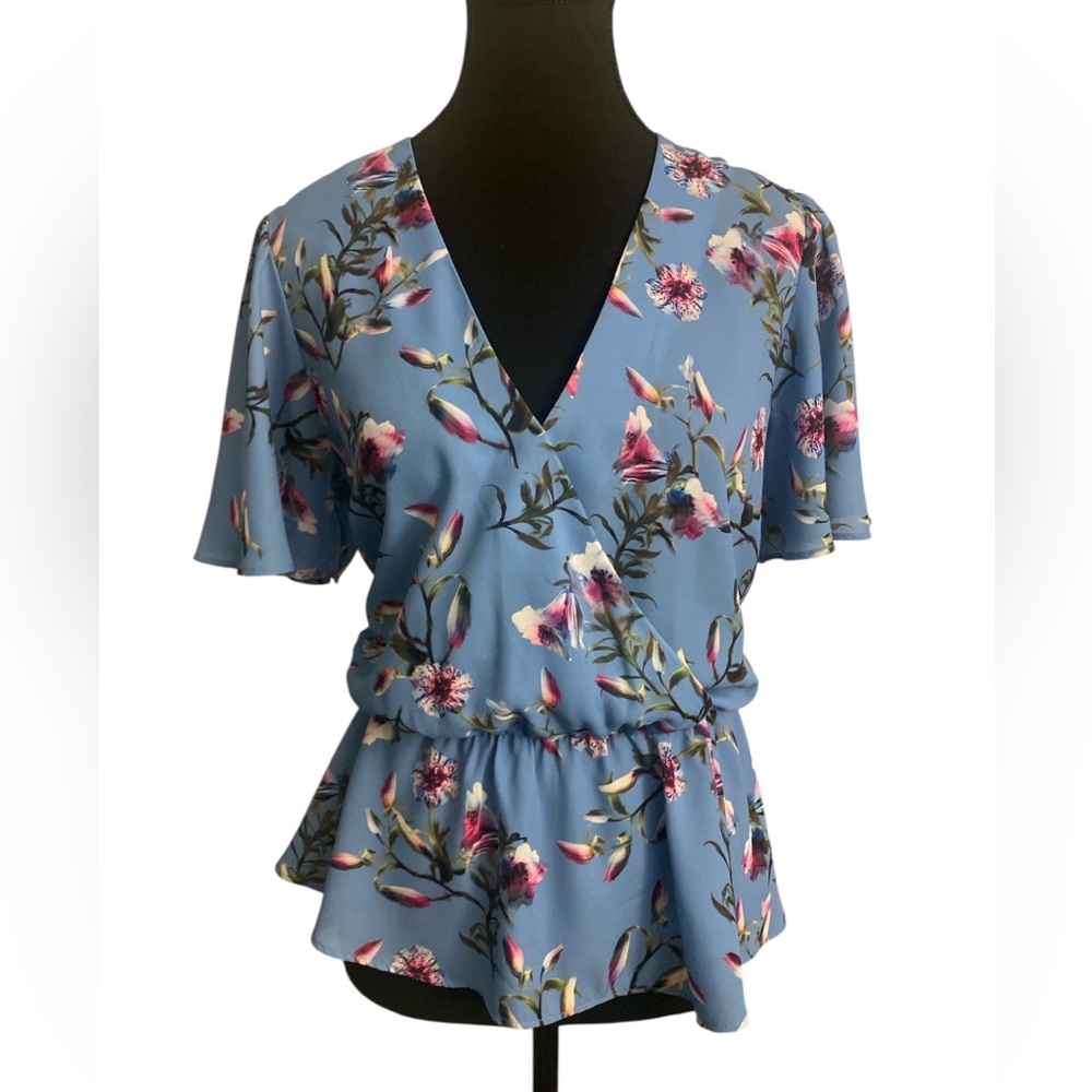 INC International Concepts Blue Flutter Sleeve Wrap Blouse EUC M
